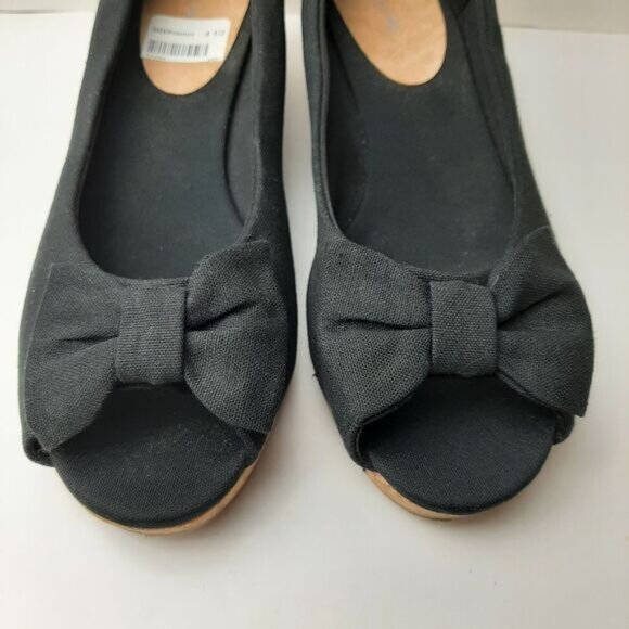 AMERICAN EAGLE AE New Peep Toe Bow Espadrille Cork Wedge Shoe Heels Black Sz 4.5 - Picture 7 of 13